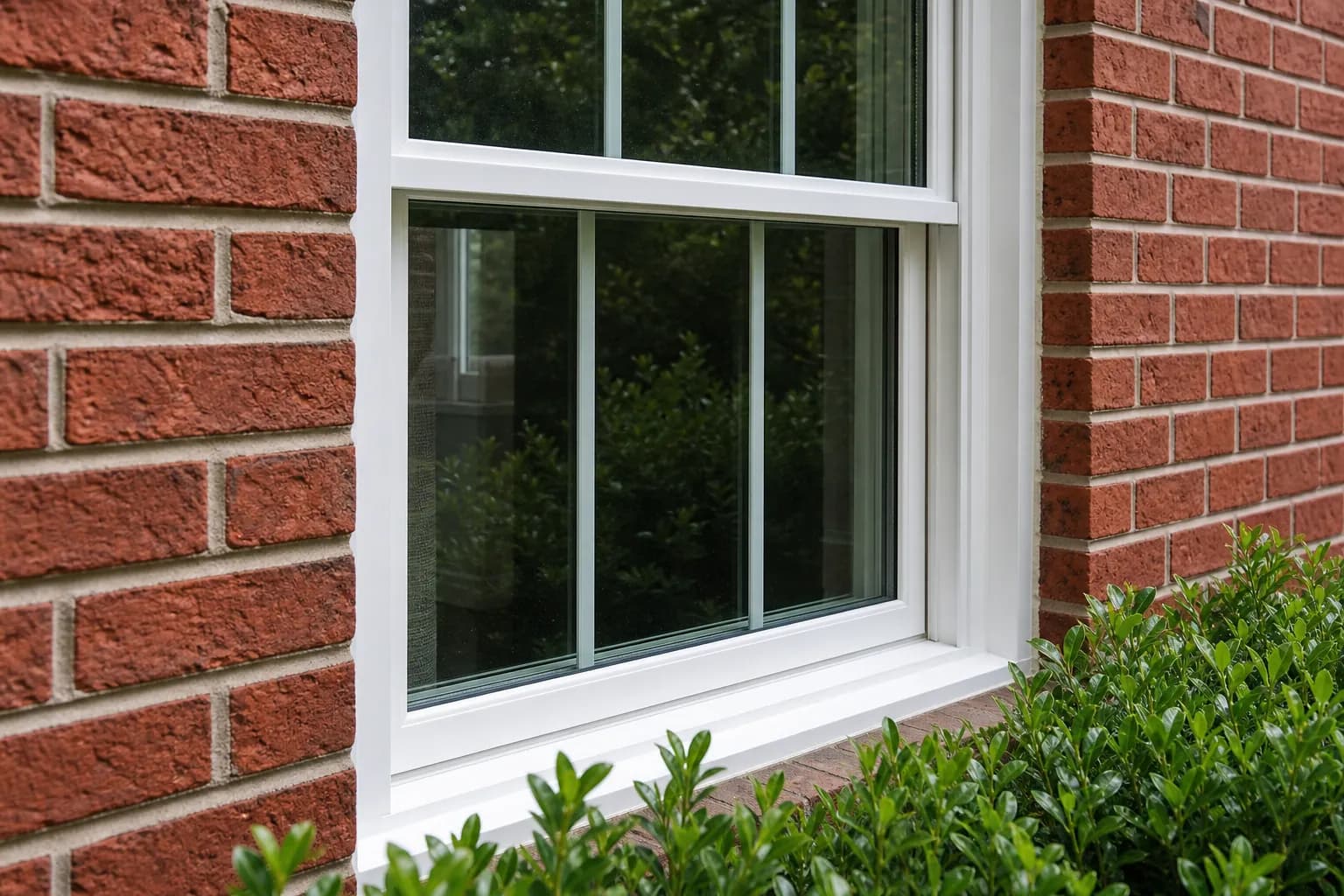 White vinyl double-hung replacement window in a red brick wall